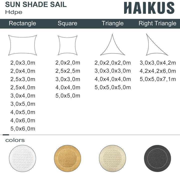 Detalle Modelos, formas, y tamaños disponibles y colores disponibles de Velas de sombra, Transpirables, Resistentes y Protección 95% UV, Blanco, Arena, Crema, Grafito. Haikus