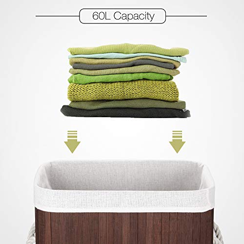 Cesto para la Colada de Bambú Cesto para Ropa Bambú 60L Cestos para la Colada con Asas Cesta para Ropa Pelegable Saco extraíble para la Ropa Sucia (Marrón Oscuro). Virklyee. Detalle capacidad 60 litros