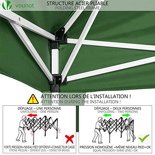 Cenador 3x3m Plegable, POPUP fácil de Instalar, Incluye Bolsa de Transporte. Detalle de despliegue de estructura. VOUNOT