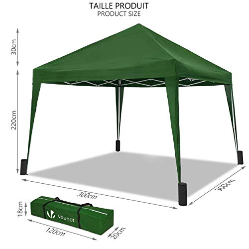 Cenador 3x3m Plegable, POPUP fácil de Instalar, Incluye Bolsa de Transporte. Medidas. VOUNOT