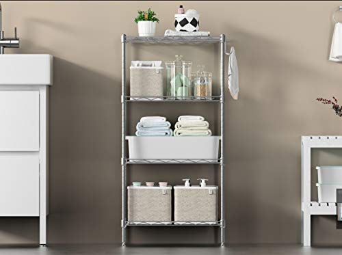 Ideal para uso en baño deEstantería Metálica para Almacenar y Organizar, Cromada 4 Baldas con Alturas Ajustables y 4 Ganchos Laterales 45 x 30 x 90 cm. Vooneen