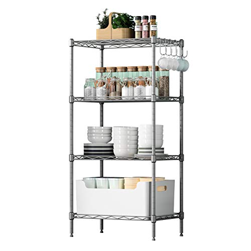 Ideal para uso en cocina de Estantería Metálica para Almacenar y Organizar, Cromada 4 Baldas con Alturas Ajustables y 4 Ganchos Laterales 45 x 30 x 90 cm. Vooneen