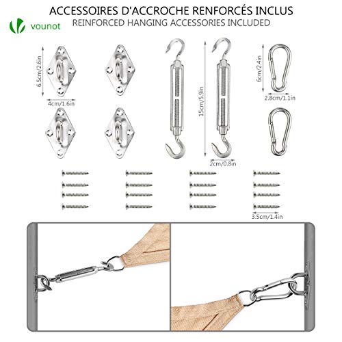 Herrajes y sujeción con argollas del Toldo Vela 2,5 x 3 m, con Kits de Montaje, Protección UV y HDPE Transpirable, Beige. VOUNOT