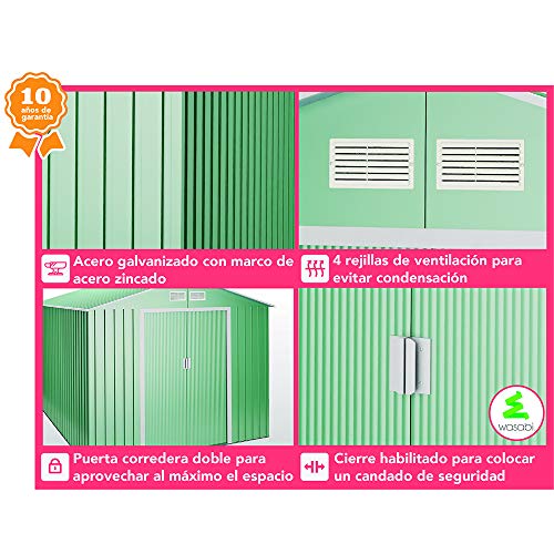 Caseta de jardín metálica Verde 2,2 m2. 194x110x188cm. Garantía 10 años. Detalles. Light Green de Wasabi