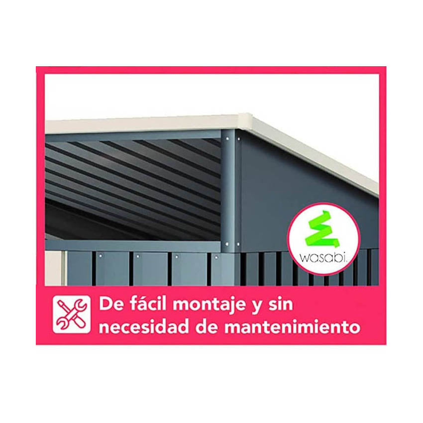 Cobertizo Jardín, caseta Metálica Gris Antracita Stark. 2,3m2-121x195x196cm Garantía 10 años. Detalle fácil montaje sin mantenimiento. Wasabi