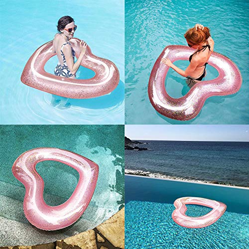 Flotador Hinchable Corazón Rosa con purpurina para Adultos en playa y Piscina de 47X47X6inch WLZP