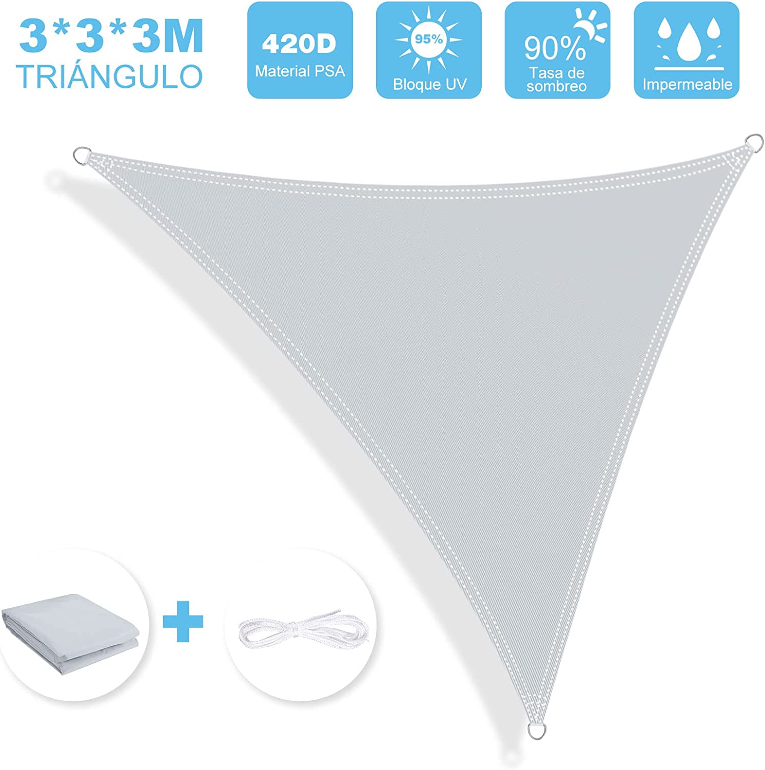 Toldo vela Impermeable, protección Rayos 95% UV, Resistente e Impermeable, Gris, 2x3 m. Wokkol