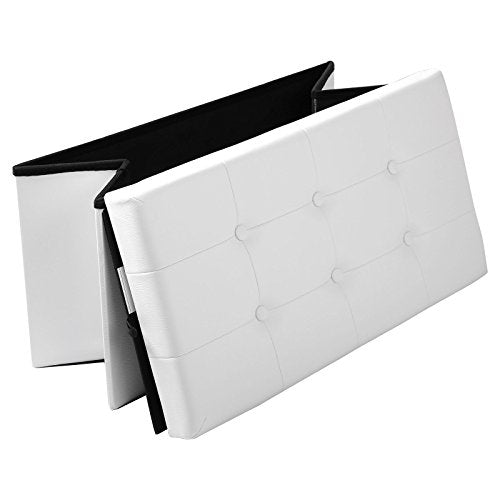 Aspecto plegado del Taburete Reposapiés Plegable con Caja de Almacenaje Acolchada tapizado en Piel Sintética hasta 300 kg, 76 x 37,5 x 38 cm, Blanco, SH16ws. # 836. WOLTU®