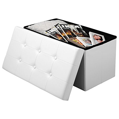 Tapa abierta tras guardar unas revistas en el Puff Reposapiés Plegable con Caja de Almacenaje Acolchada tapizado en Piel Sintética hasta 300 kg, 76 x 37,5 x 38 cm, Blanco, SH16ws. # 836. WOLTU®