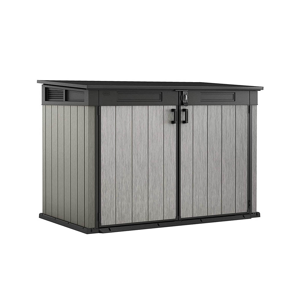 Cobertizo grande de plástico gris y negro para exterior