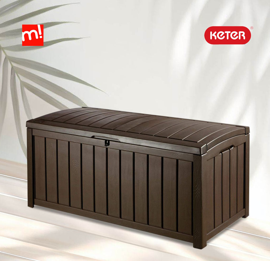 Arcón aspecto madera Keter Glenwood de 390 litros en ambiente de patio o terraza y marca Keter y MaxJardín