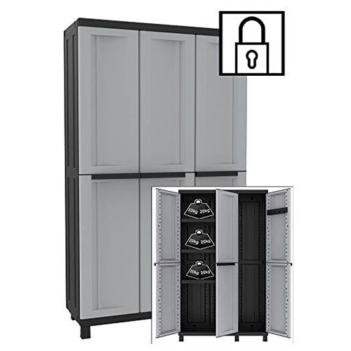 Armario escobero 3 Puertas, 2 Compartimentos Separados, Gris/Negro, 102x39x170 cm. Multifunción. Peso máximo 20 kg por balda. Twist Black 102a, TERRY | maxjardin