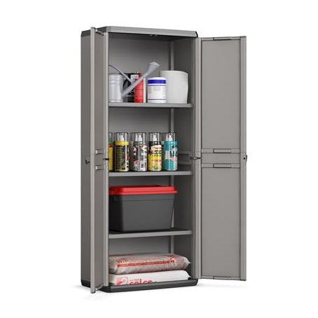Armario alto de resina 80x40x21,6 cm. para almacén, caseta, desván o garage con las puertas abiertas y enseres, Ref. 9727000. Keter | maxjardin
