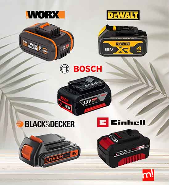 Exposición de las más importantes baterías de herramientas eléctricas de las marcas: Worx, Bosch, Black+Decker, DeWalt, y Enhell sobre fondo de terraza maxjardin