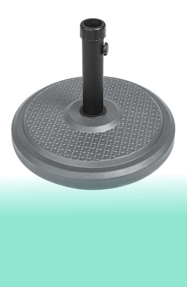 Pie de sombrilla de hormigón polímero color plata 22 kg Ø48 cm mástil hasta 50 mm sobre fondo blanco y verde