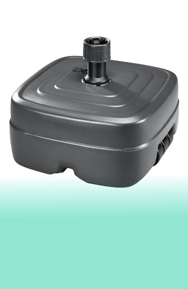 Base para sombrilla rellenable cuadrada con ruedas color gris antracita de 45 litros Schneider sobre fondo blanco y verde