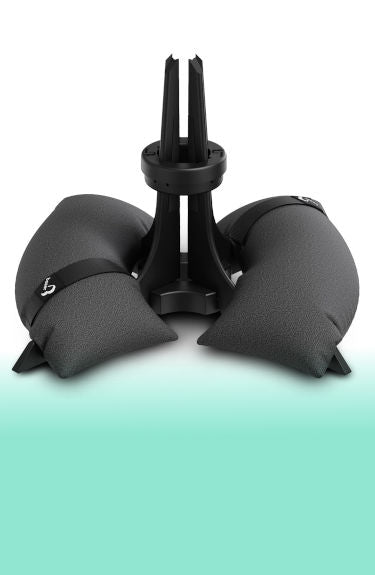 Pie trípode sombrilla rellenable negro Baser sobre fondo blanco y verde