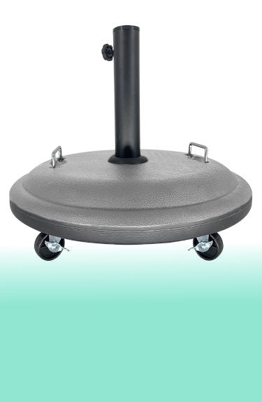 Base para sombrilla rellenable redonda de 25 kg color gris con ruedas Acomoda Textil sobre fondo blanco y verde