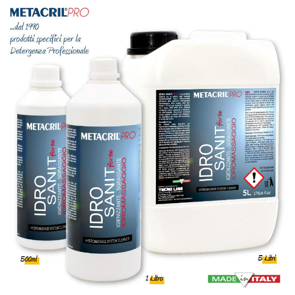 Formatos del desinfectante para hidromasaje Idro Sanit Forte de Metacril sobre fondo blanco