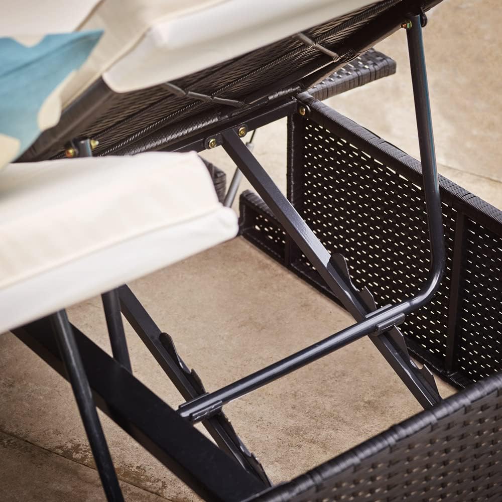 Mecanismo del respaldo de la tumbona doble Casaria de poliratán negro con cojines y mesas plegables, respaldo reclinable ambos lados