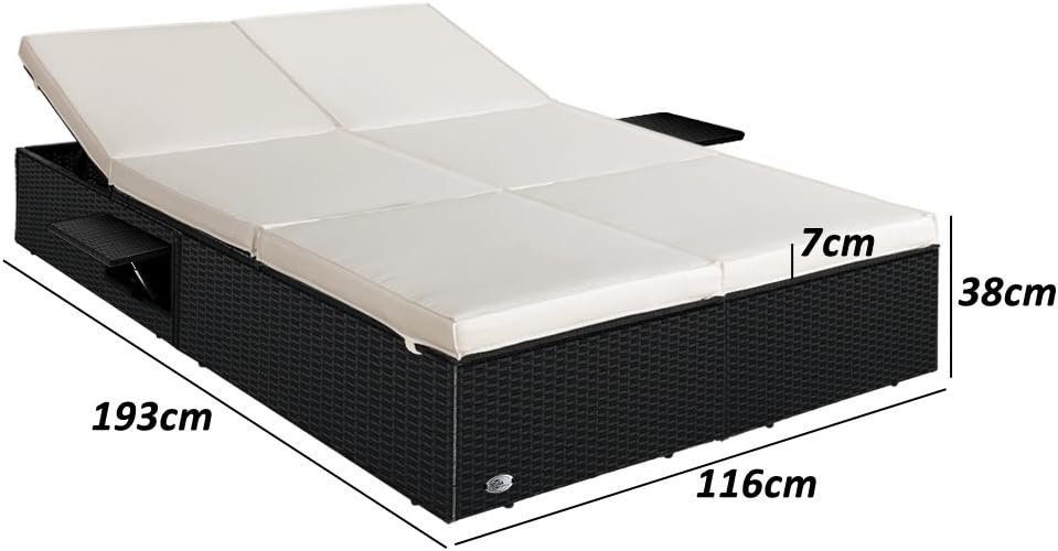 Medidas de tumbona doble Casaria de poliratán negro con cojines y mesas plegables, respaldo reclinable ambos lados