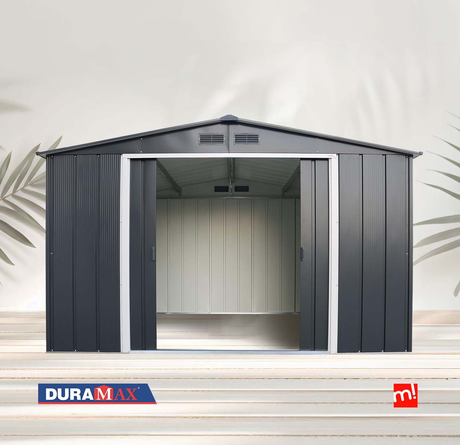 Caseta de jardín metálica gris antracita Duramax Eco Gandía 10x8 pies en ambiente de patio con marca Duramax y MaxJardín