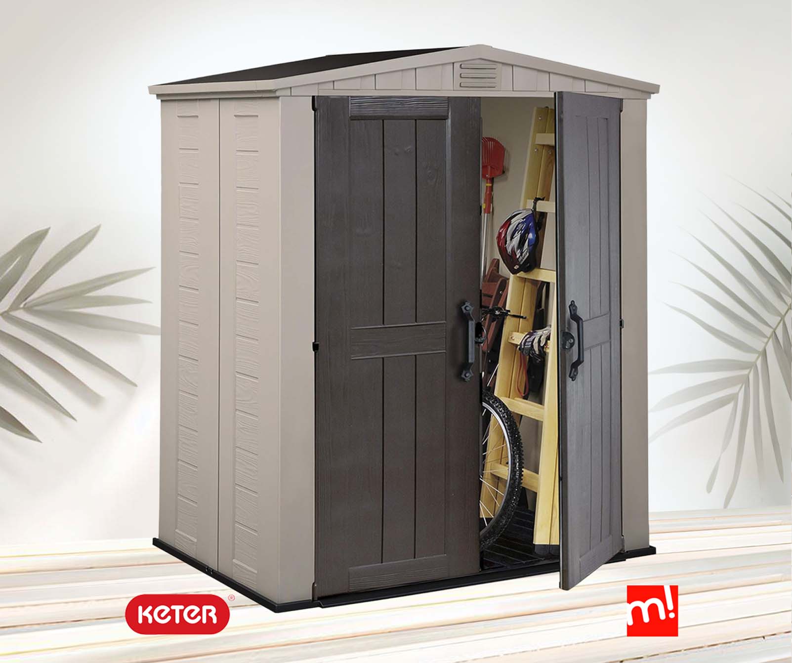 Caseta de jardín de plástico marrón Keter Factor 6x3 pies en ambiente de patio con marca Keter y MaxJardín