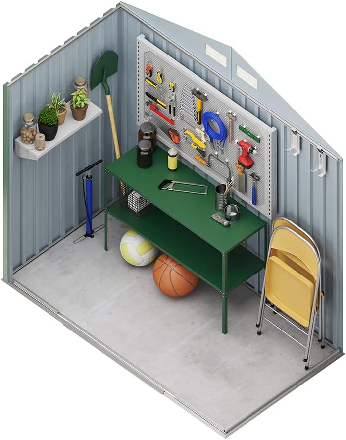 Caseta de jardín metálica Light Green de Wasabi color Verde. 2,57 m2. 196x131x196cm. Garantía 10 años. Vista interior perspectiva. 