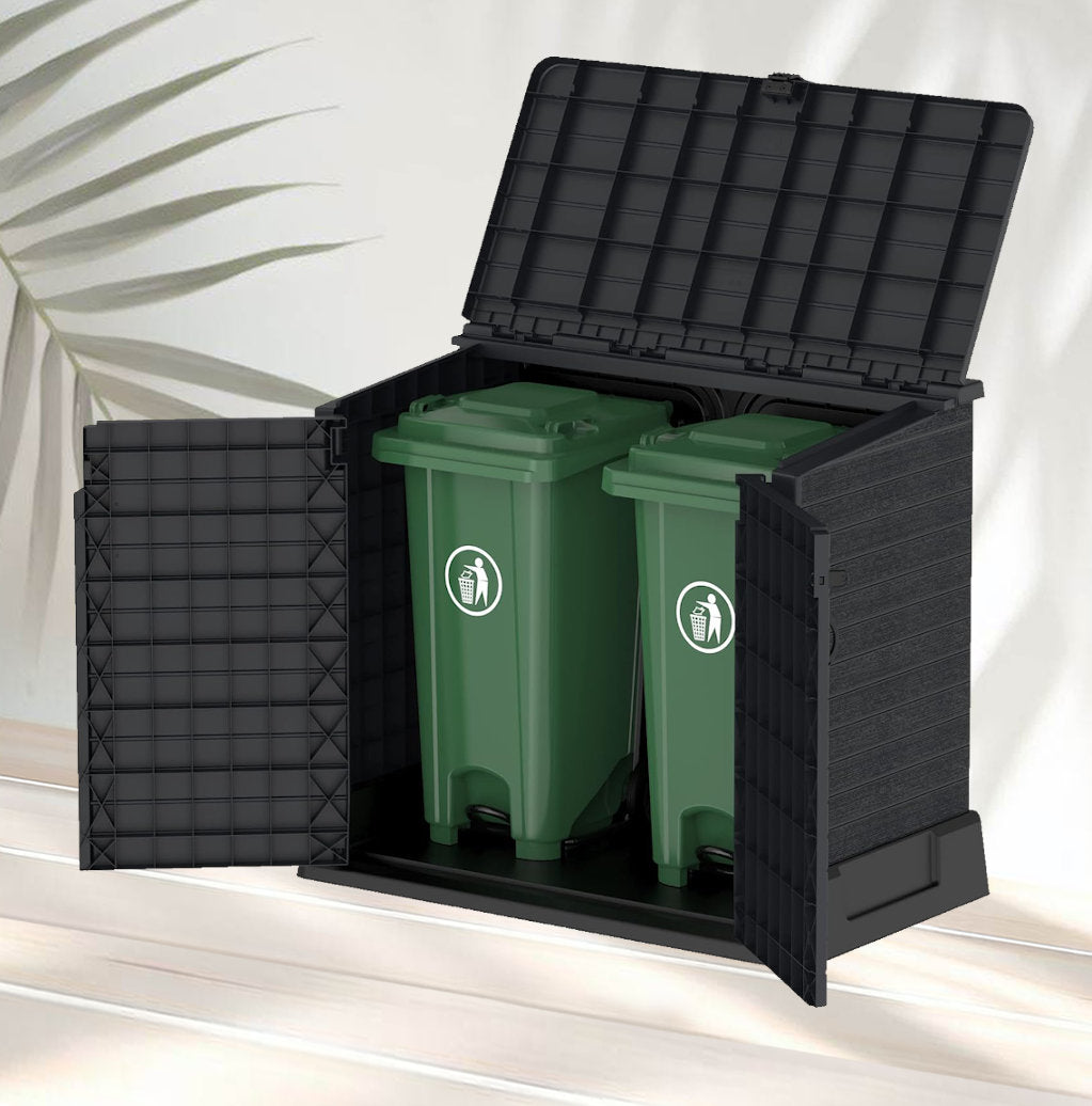 Cobertizo para exterior cubre cubos Duramax en fondo idealizado de patio exterior