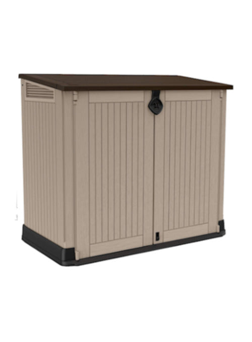 Cobertizo para almacenaje en exterior Keter Sio Midi de 800 litros color beige y marrón sobre fondo blanco