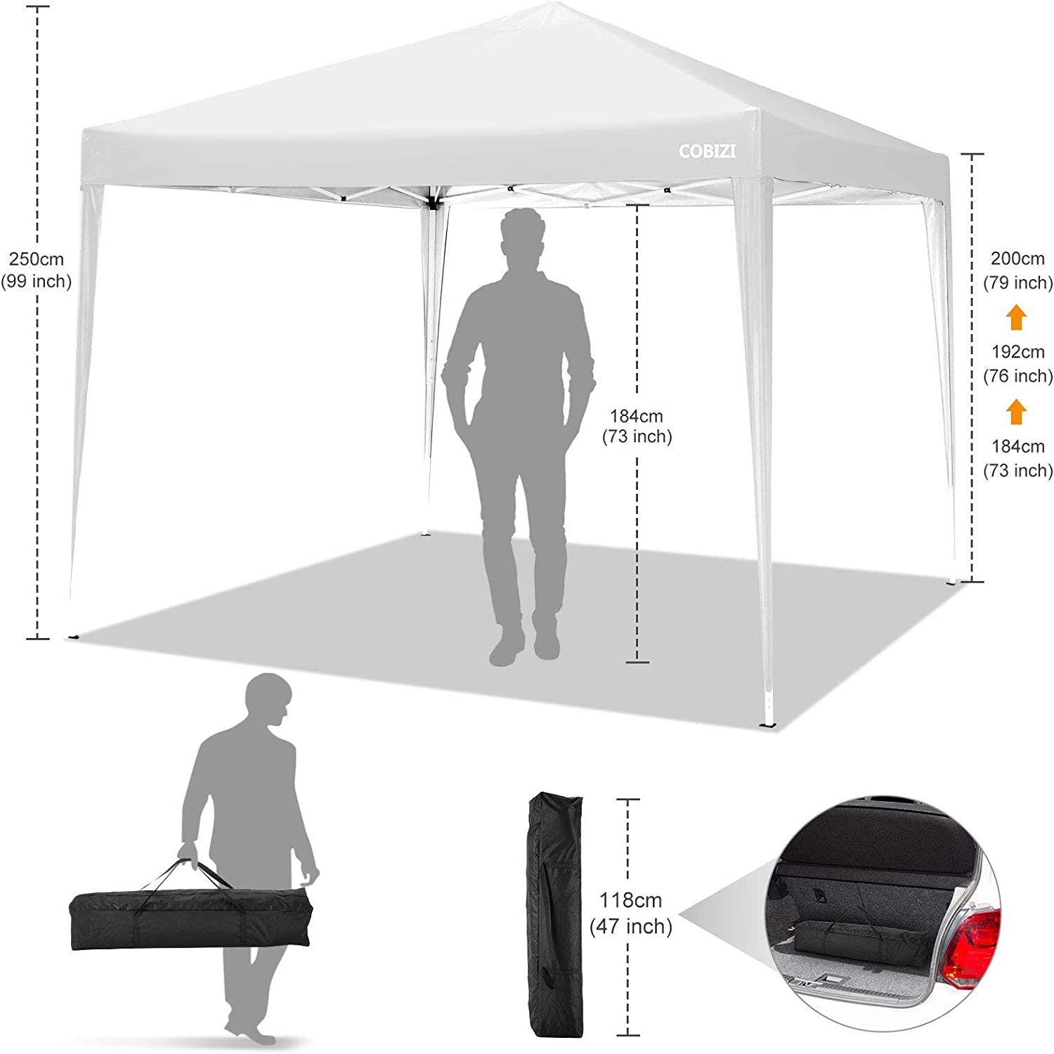 Medidas de la Carpa cenador3x3m Plegable Impermeable 4 Paredes, Protección UV 50+, Ajustable en Altura. Modelo en color azul. COBIZI