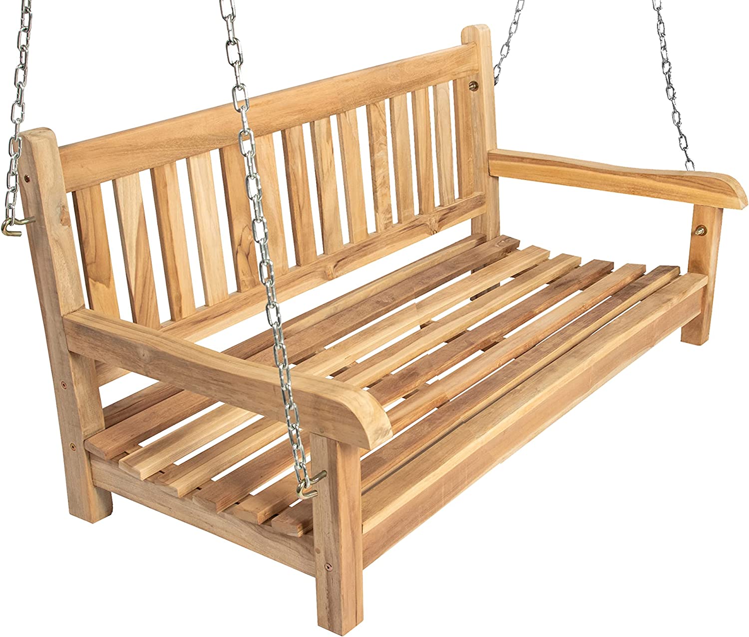 Columpio de jardín de 2 plazas de Madera de Teca Maciza, Ideal para jardín y terraza, Junado Susana. 120 cm. Vista de escorzo. Sam