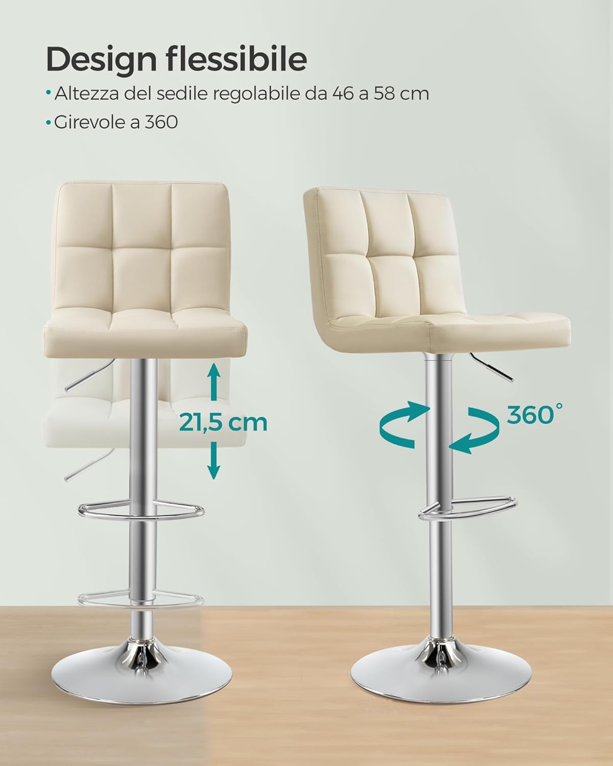 2 Taburetes beige altos de cocina con respaldo y Reposapiés, Regulables en Altura en Piel Sintética, Giratorio 360°, Acero Cromado. Detalles de regulación de altura y giro 360º  SONGMICS 