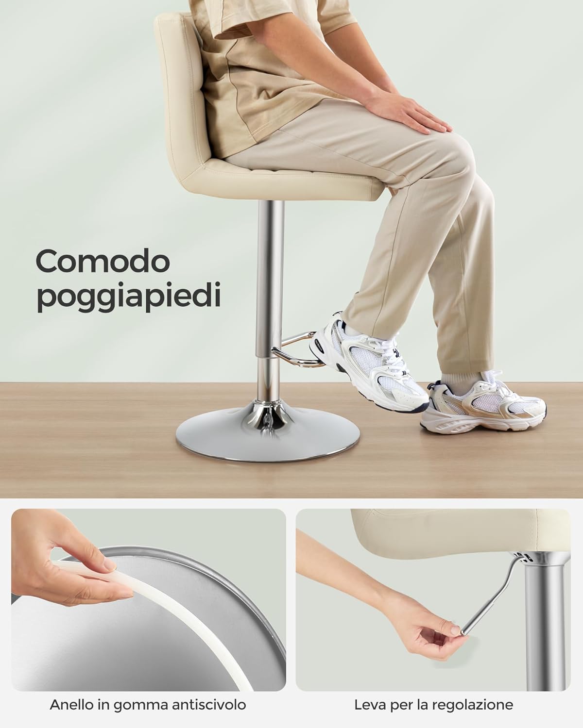 2 Taburetes beige altos de cocina con respaldo y Reposapiés, Regulables en Altura en Piel Sintética, Giratorio 360°, Acero Cromado. Detalle de reposapiés.  SONGMICS 