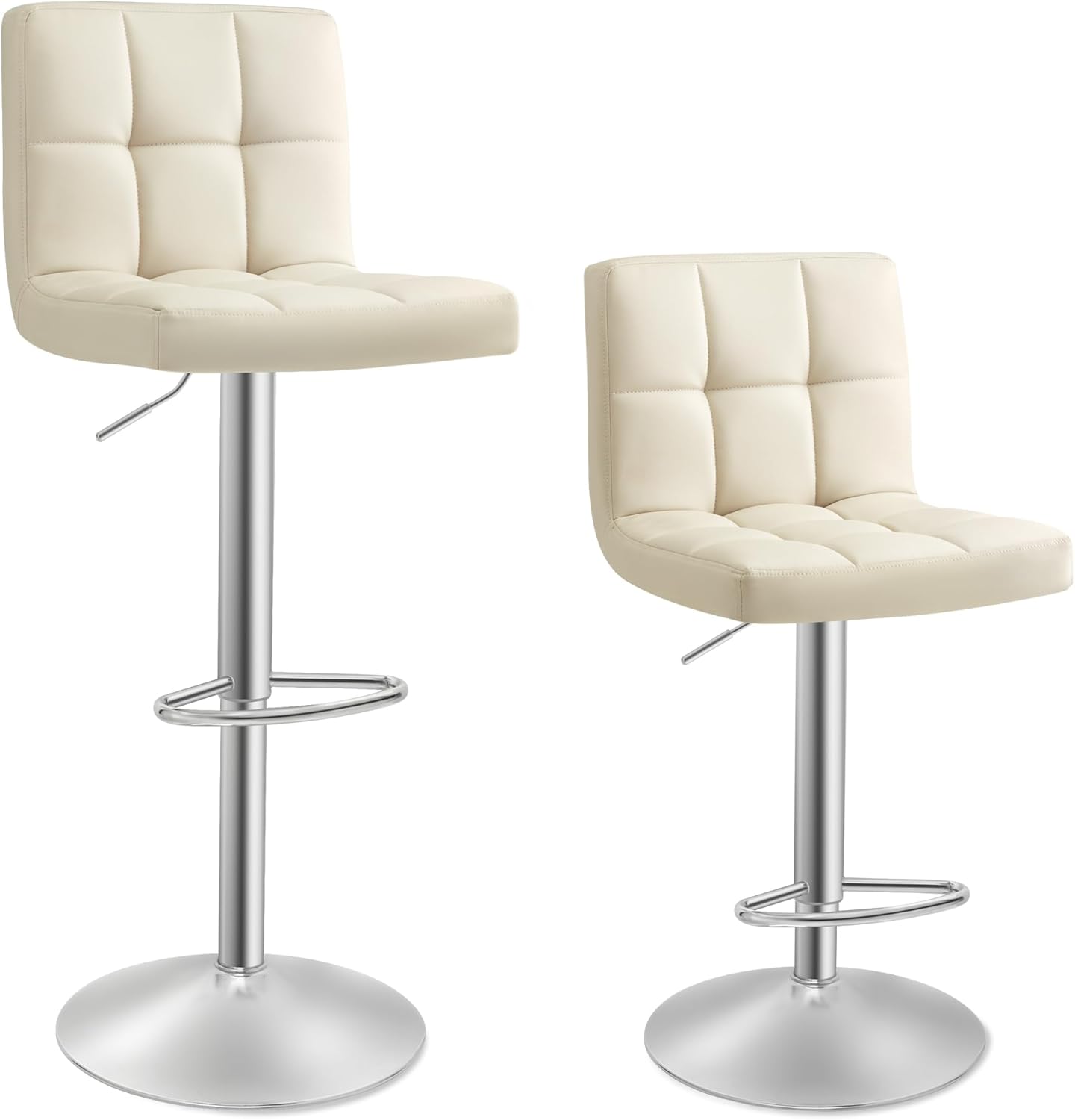 2 Taburetes beige altos de cocina con respaldo y Reposapiés, Regulables en Altura en Piel Sintética, Giratorio 360°, Acero Cromado. Vista general.  SONGMICS 