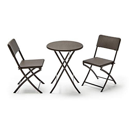 Conjunto Balcón Terraza Plegable, 1 mesa redonda + 2 sillas, Marrón Imitación Ratán, Lux Balcon 60R. Vista general. KG KITGARDEN