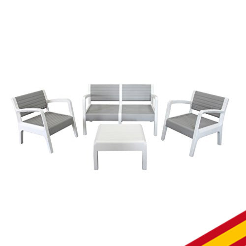 Conjunto de muebles de Jardín de Color Piedra | 2 sillones individuales, 1 sillón de 2 plazas y mesa baja | Fabricado en España con Materiales Reciclados. Miami | Shaf