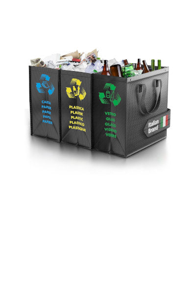 Cubos de separación de resíduos con asas para cocina o garaje con 3 departamentos para vidrio, papel y envases de PTMS 