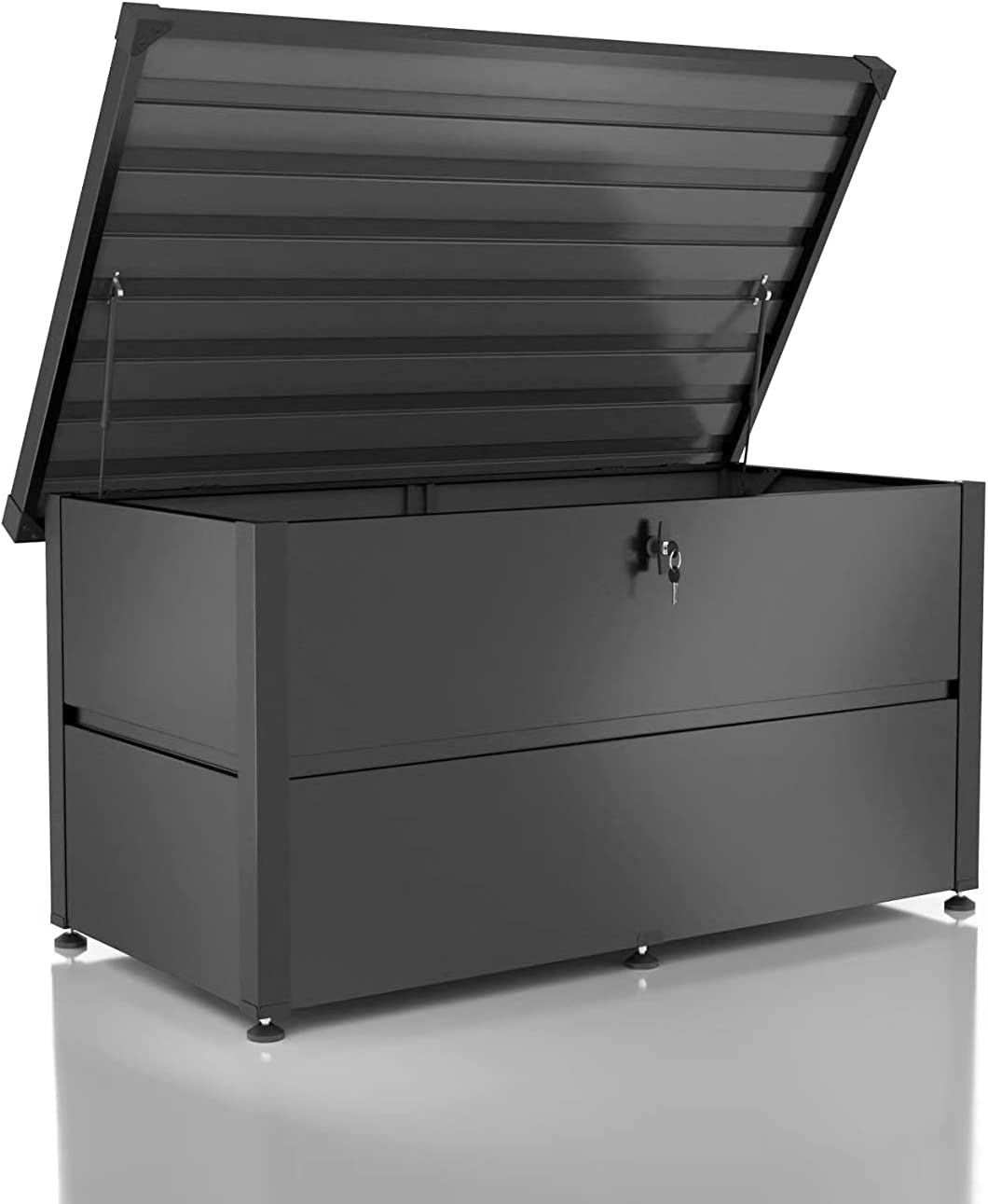 Caja de Almacenamiento para Exterior de acero Resistente con Tapa para exterior - Ahorra Espacio - 135x65x69 cm, Vista general con tapa abierta color gris antracita. Benni-Boy ILESTO