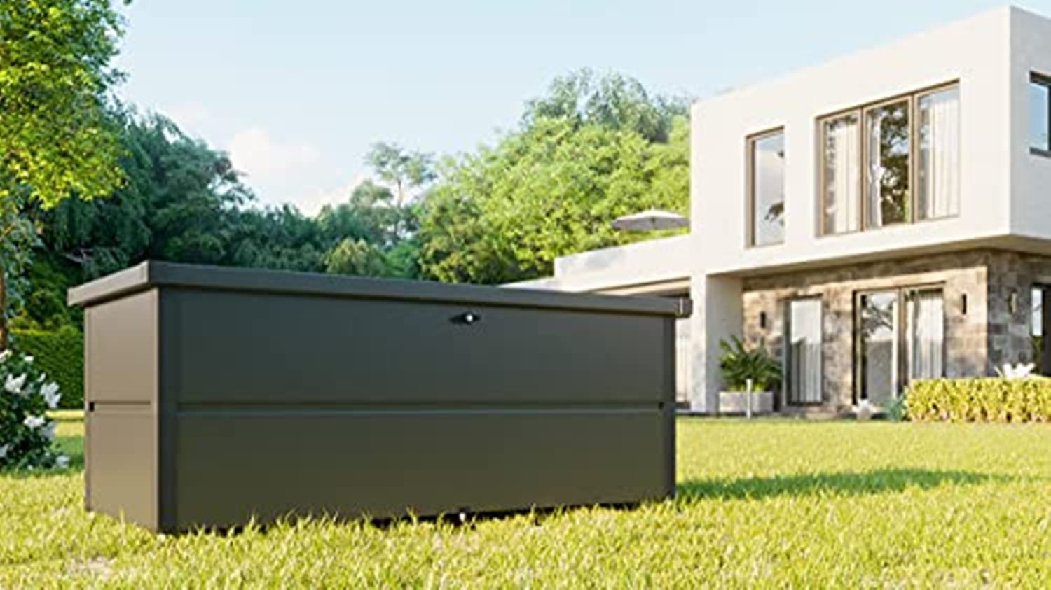 Bonito jardín con la Caja de Almacenamiento para Exterior de acero Resistente con Tapa para exterior - Ahorra Espacio - 135x65x69 cm, Vista general con tapa abierta color gris antracita. Benni-Boy ILESTO