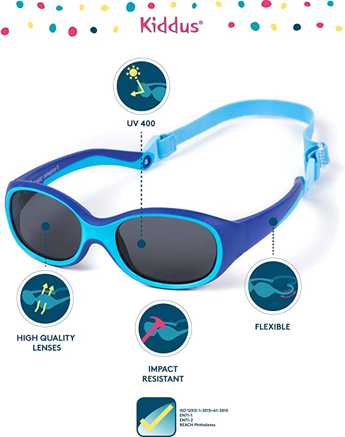 Gafas de Sol SUPER FLEXIBLES de GOMA infantiles desde 2 Años. Sin BPA. Irrompibles. Banda Ajustable y Extraíble. Protección UV400 Y UVB. OUTDOOR. Kiddus
