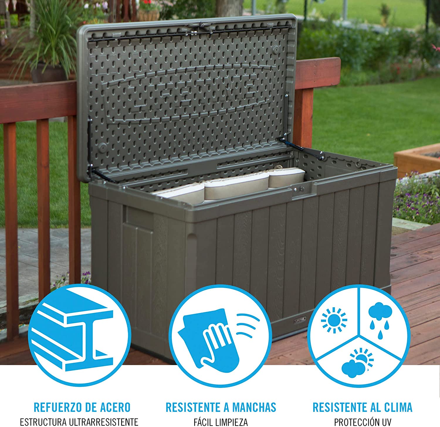 Características del Baúl para jardín ultrarresistente 127x64x67 cm UV100 color grafito. LIFETIME