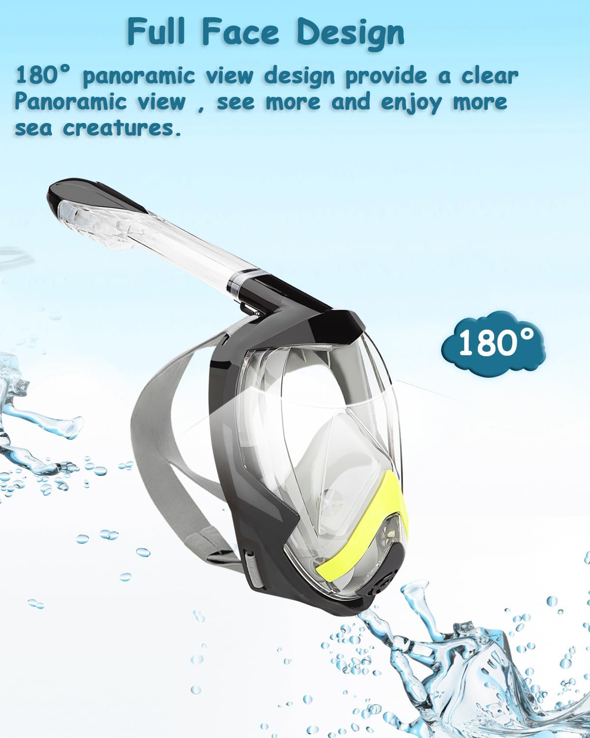 Detalle de diseño de cara completa de la máscara de buceo y snorkel  azul para adultos y niños Flyboo