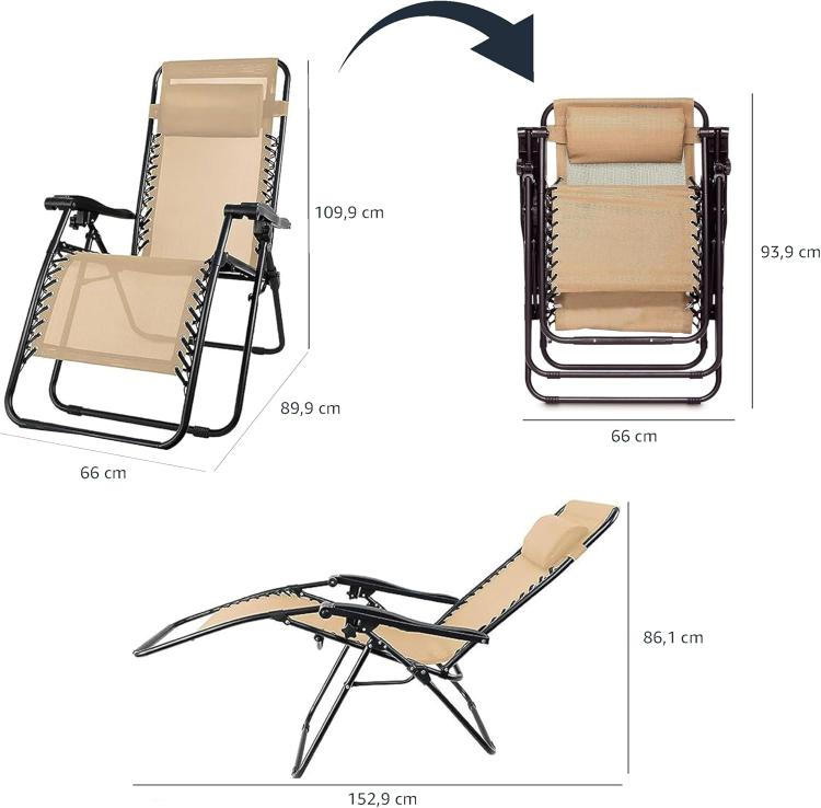 Detalle de medidas de la silla plegables de gravedad cero de Amazon Basics abierta, plegada y abatida