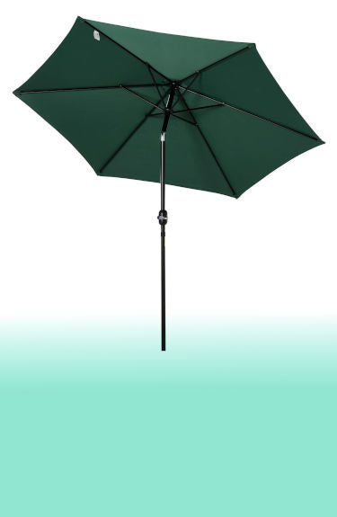 Sombrilla de patio o terraza verde oscuro Outsunny de 260 cm sobre fondo blanco y franja verde abajo maxjardín