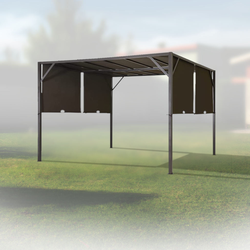 Pérgola metálica con toldos laterales en jardín