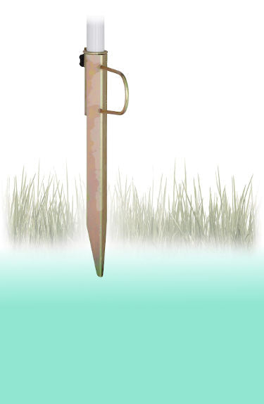 Pincho tipo bayoneta metálico para sombrilla de playa o jardín Relaxdays sobre fondo blanco y verde