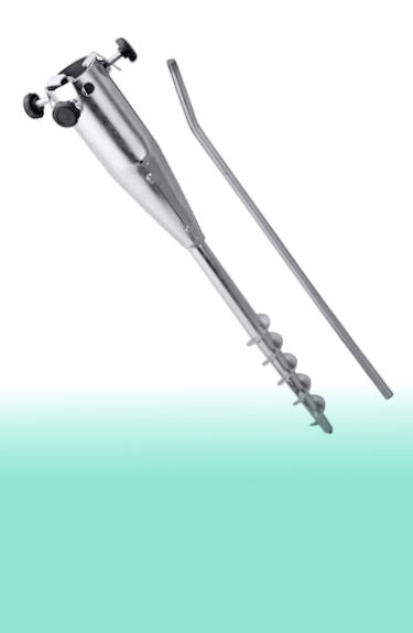 Pincho tipo tornillo de metal para sombrilla de playa, con tornillos de ajuste Schneider sobre fondo blanco y verde