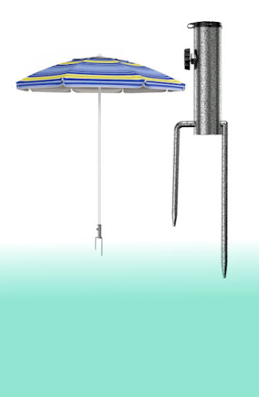 Pincho tipo tridente metálico para sombrilla Lecylanker  sobre fondo blanco y verde