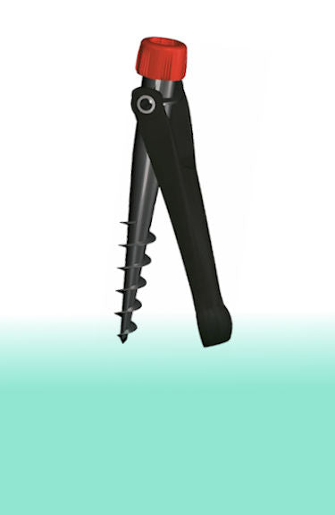 Pincho para sombrilla de playa tipo tornillo de plástico con traviesa plegable por Krinner sobre fondo blanco y verde